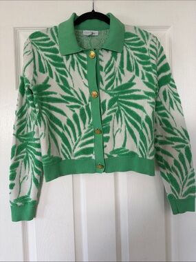 Cynthia Rowley Green and White Leaf-Pattern Collared Cardigan Sweater